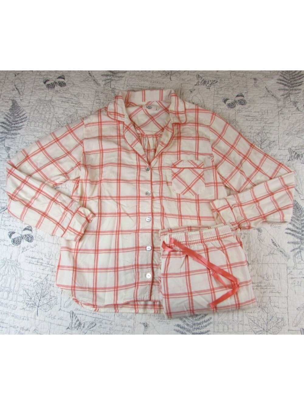 New $98 UGG Womens Raven Plaid Orange Cream Cotton Pajama set womens sz L